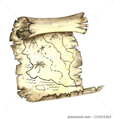 Vintage map, Treasure Island. Hand-drawn watercolor illustration. For children s games and holidays. For stickers, cards, posters and banners, packaging, and more. 131931803