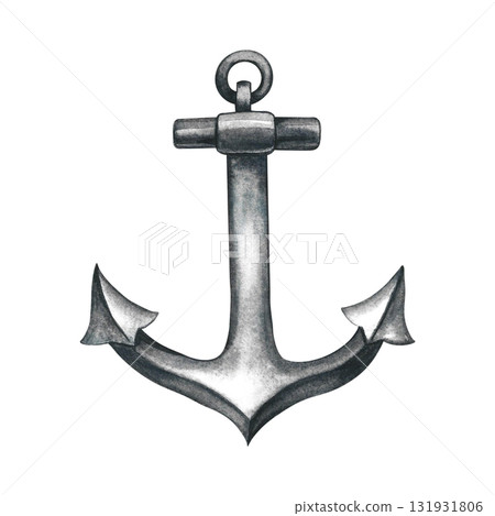 An old anchor. Hand-drawn watercolor illustration. For stickers, invitation cards, posters and banners, packaging, and more. An old anchor. Hand-drawn watercolor illustration. For stickers, invitation cards, posters and banners, packaging, and more. 131931806