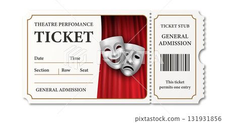 Vector Theater Ticket Design Template, Isolated. Vintage Event Ticket with Comedy Tragedy Masks, Red Curtain, Barcode, Perforated Stub. Realistic Admit Ticket for Performance, Show, Concert, Cinema 131931856