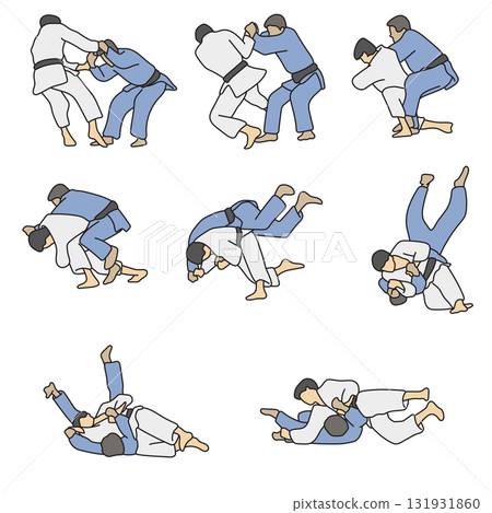 judo fighter throwing the opponent during fight illustration vector hand drawn with black lines 131931860