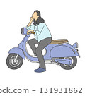 woman sitting on a scooter without helmet illustration vector hand drawn with black lines 131931862