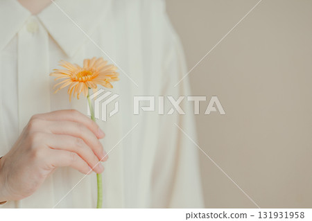 一位女士一手拿著一朵橙色非洲菊 131931958