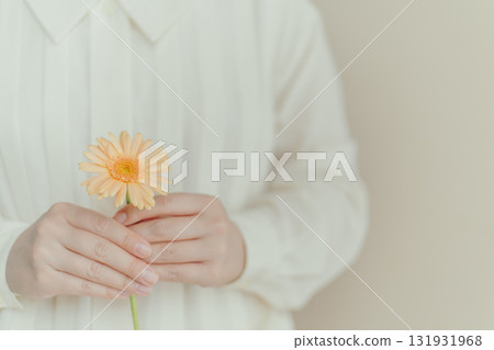 一位女士雙手捧著一朵橙色非洲菊 131931968