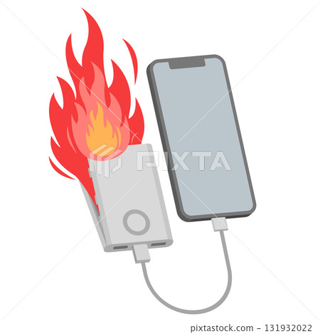 Illustration of a mobile battery charging a smartphone that catches fire 131932022