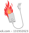 Illustration of a mobile battery being charged with an outlet that catches fire 131932023