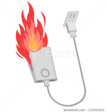 Illustration of a mobile battery being charged with an outlet that catches fire 131932023