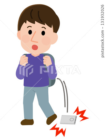 Illustration of a man surprised after dropping a mobile battery 131932026