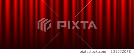 Red velvet curtain background. Closed curtains backdrop for theater stage or cinema, circus. Red fabric drapery wallpaper for award, show, performance. Velvet textile room scene banner concept. Vector 131932078