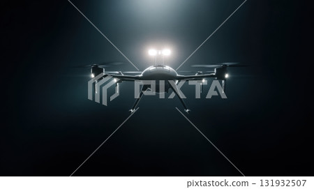 High-tech drone with bright lights hovering in a dark environment High-tech drone with bright lights hovering in a dark environment 131932507