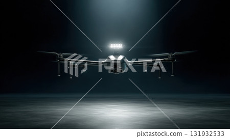 High-tech drone hovering in dark space with bright lights showcasing advanced design and innovation 131932533