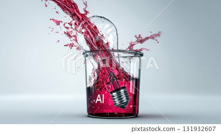 Colorful liquid splashes around a light bulb in a beaker, illustrating the fusion of science and creativity in modern art 131932607