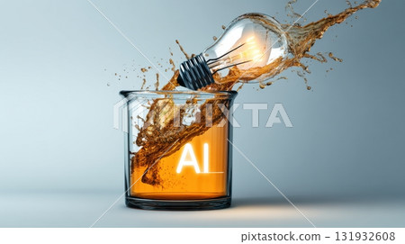 Light bulb splashes into a beaker filled with orange liquid creating an energetic scene of science in action Light bulb splashes into a beaker filled with orange liquid creating an energetic scene of science in action 131932608