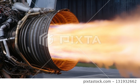 Jet engine combustion during a test firing at an aerospace facility showcasing powerful thrust and engineering technology Jet engine combustion during a test firing at an aerospace facility showcasing powerful thrust and engineering technology 131932662