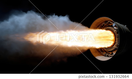Rocket engine firing with intense flames and smoke at night on a launch pad in a clear sky Rocket engine firing with intense flames and smoke at night on a launch pad in a clear sky 131932664