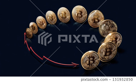 Bitcoin trends showing fluctuating value in circular arrangement with downward arrow 131932850