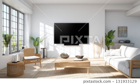 Modern bright living room with minimalist decor and large windows showcasing plants and cozy furnishings 131933129