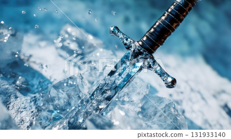 Sword embedded in ice with water splashes at an icy landscape 131933140