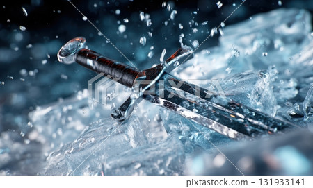 Sword rests on broken ice, water splashing around in a dramatic scene of power and tranquility 131933141