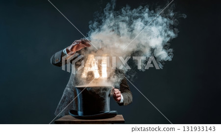 Magician performing a stunning AI illusion with smoke and light in a dark setting 131933143