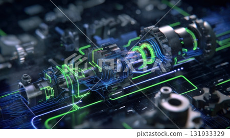 Digital circuit board featuring mechanical components and intricate patterns in a modern technological design 131933329
