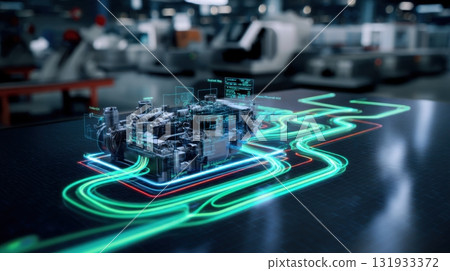 Advanced technology showcasing a 3D engine model in a modern manufacturing facility with digital overlays 131933372