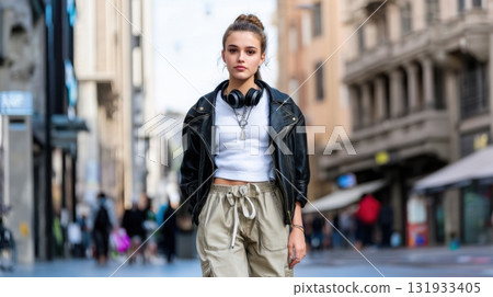 Stylish young woman walks confidently through a busy urban street in the afternoon sunlight 131933405