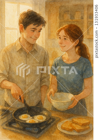 溫馨情侶在廚房一起煎蛋早餐水彩插畫 131933406