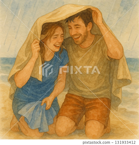 沙灘上躲雨歡笑的情侶水彩插畫 131933412