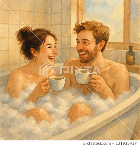 情侶泡澡喝咖啡的歡樂時光水彩插畫 131933417