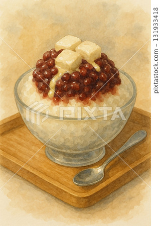 紅豆煉乳豆花刨冰水彩美食插畫 131933418