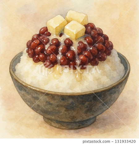 紅豆煉乳刨冰甜點特寫水彩插畫 131933420