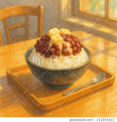 窗邊陽光下的紅豆刨冰水彩插畫 131933421