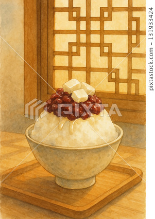 古典窗邊紅豆豆花刨冰水彩插畫 131933424