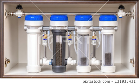 Water filtration system with multiple stages and clear canisters for clean water use in a home or office 131933431