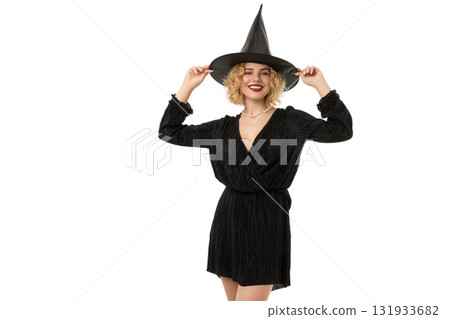Woman smiles while wearing a witch costume and hat, isolated, PNG Woman smiles while wearing a witch costume and hat, isolated, PNG 131933682