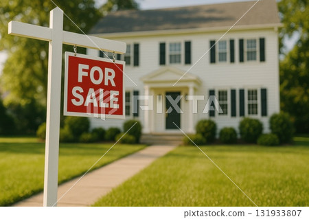 Classic Colonial House "For Sale" with Red Signpost Sunny Lawn Real Estate Exterior Shot Charming Environment 131933807