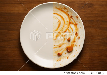 Before and After Dishwashing Concept Kitchen Photography Clean vs Dirty Plate Top-Down View Cleaning Journey 131933832