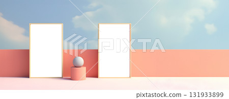 Blank empty Photo frame with transparent cutout on pastel colourful background, PNG file. Mockup template for artwork design. Copy text space 131933899