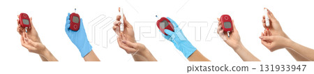 Hands hold a blood glucose meter and testing supplies, isolated, PNG 131933947