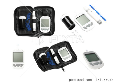 Diabetes kit with glucose meter and accessories, isolated, PNG 131933952