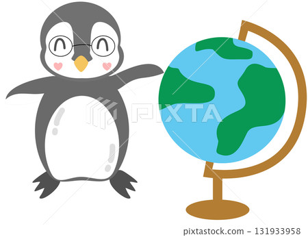 Cute Cartoon Penguin Leaning on a Globe, Social Studies, created by hand drawn Cute Cartoon Penguin Leaning on a Globe, Social Studies, created by hand drawn 131933958