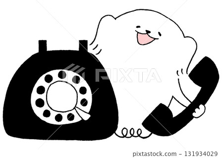 Dog talking on a black phone Dog talking on a black phone 131934029