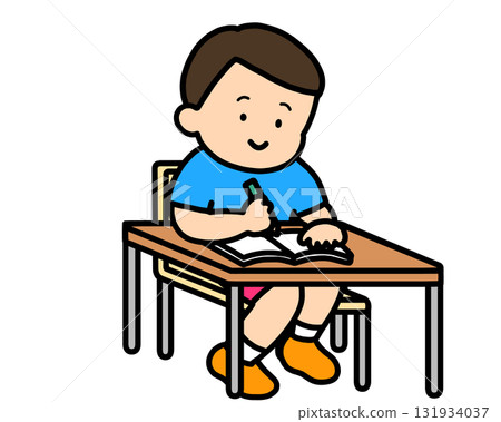 Asian boy writing in a notebook 131934037