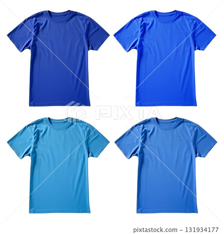 Set of blue tee t shirt round neck on transparent background cutout, PNG file. Mockup template for artwork graphic design Set of blue tee t shirt round neck on transparent background cutout, PNG file. Mockup template for artwork graphic design 131934177