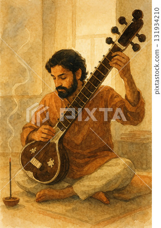 印度風格男子彈奏西塔琴的冥想插畫 131934210