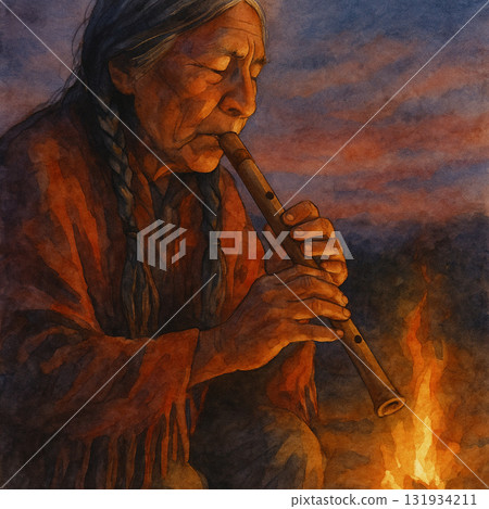 長者在營火旁吹奏美洲原住民笛子的插畫 長者在營火旁吹奏美洲原住民笛子的插畫 131934211