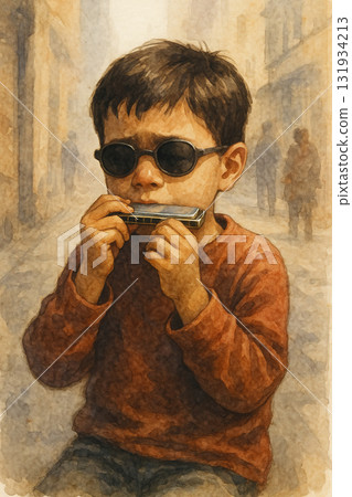 Touching illustration of a street boy playing the harmonica 131934213