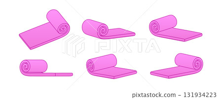 Pink yoga mat vector illustration, rolled and unrolled fitness equipment. Minimalist yoga mat set for pilates, gym, and workout design. Yoga mat icon for sport, health, and relaxation themes Pink yoga mat vector illustration, rolled and unrolled fitness equipment. Minimalist yoga mat set for pilates, gym, and workout design. Yoga mat icon for sport, health, and relaxation themes 131934223