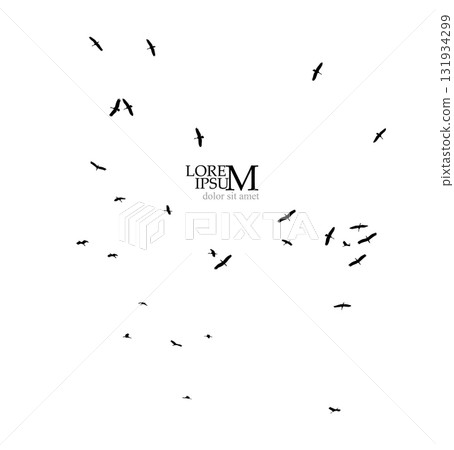 Flight of storks silhouette. A flock of birds flying south. Hand drawn. Not AI, vector illustration. 131934299