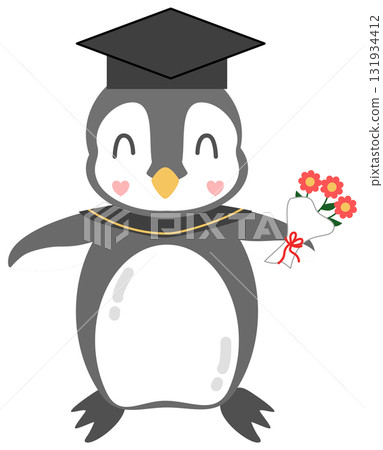 Cute Cartoon Penguin Graduate with a Cap, Gown, and Bouquet 131934412